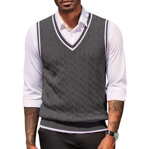 Coofandy Men Dark Grey Fitted V Neck Sleeveless Knitted Pullovers Sweater Vest